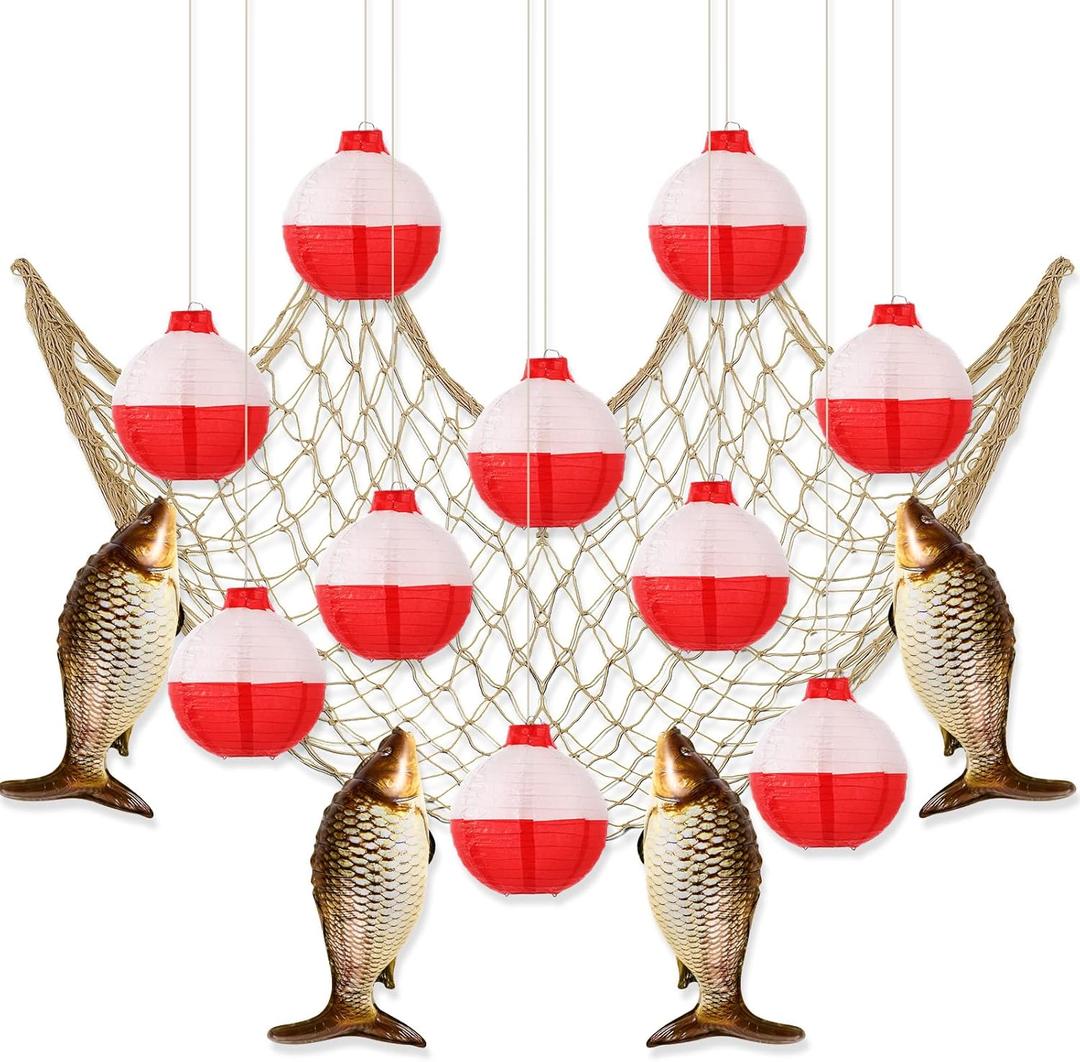 Gejoy Gone Fishing Party Decorations Set Include 4 Fish Balloons 10 Fishing Bobber Round Paper Hanging Lanterns 1 Fish Net Banner Decorations for Fishermen Theme Birthday Party Supplies