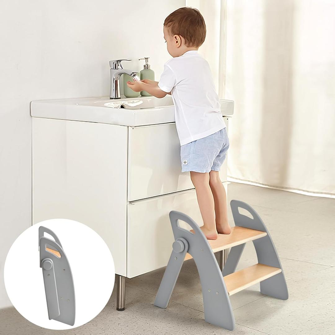Wooden 2 Step Stool for Kids Bathroom Sink Foldable AntiSlip 2Step for Toilet Potty Training, Child Stepping Stool for Kitchen Nursery Bedroom, Sturdy Non Slip Adult Stool for Closet Grey