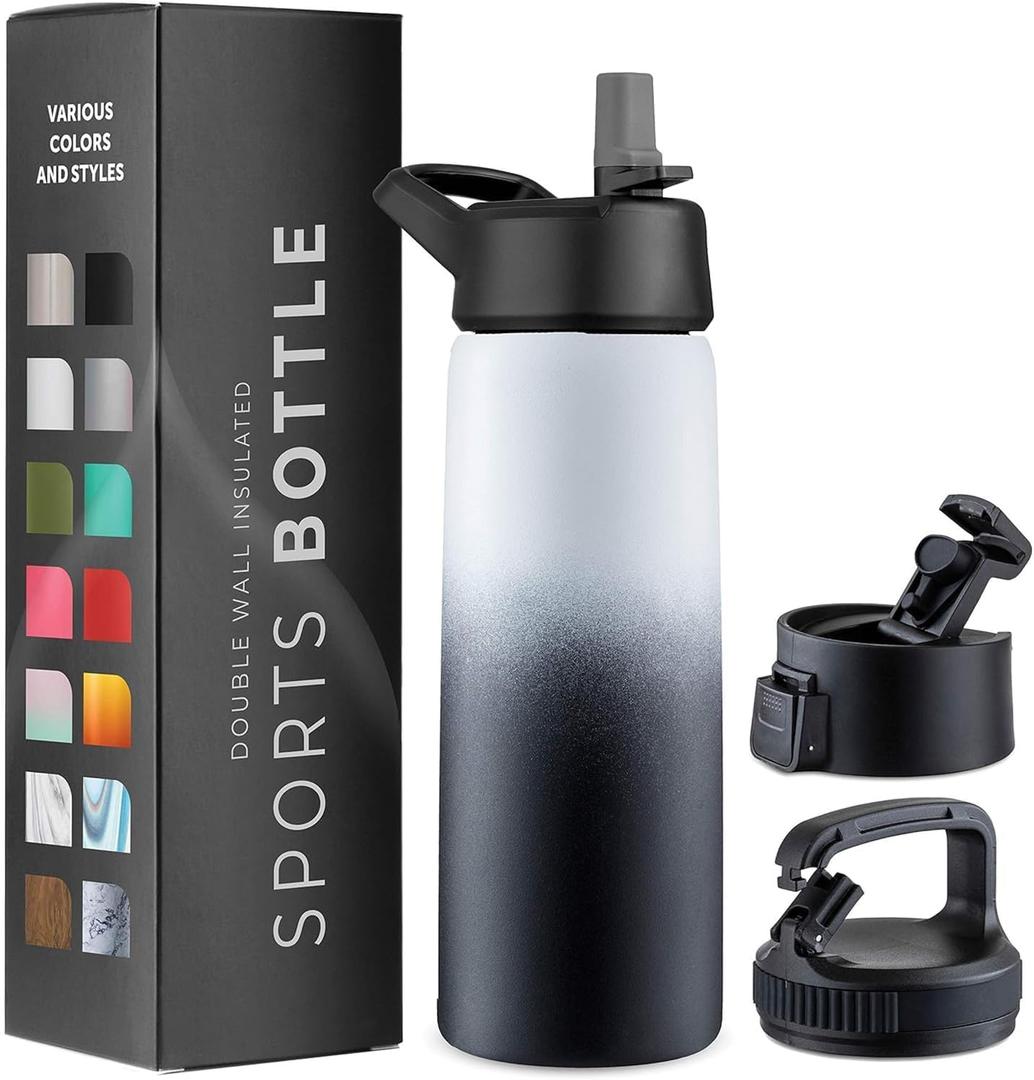 Triple-Insulated Stainless Steel Water Bottles with Straw, 25 Oz Reusable Insulated Water Bottles with 3 Lids, Metal Water Bottle for Travel, School, Sports, Gym/Men, Women & Kids (Dreamy Black-White)