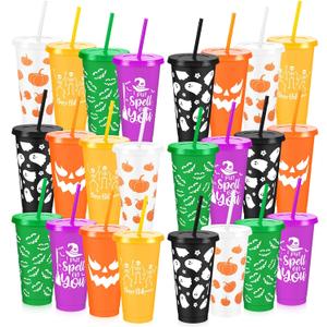 Yoiemivy 24 Pack Halloween Plastic Cups Bulk 24 oz Reusable Halloween Party Cups Cute Ghost Tumblers with Lids and Straws for Party Drinkware Supplies