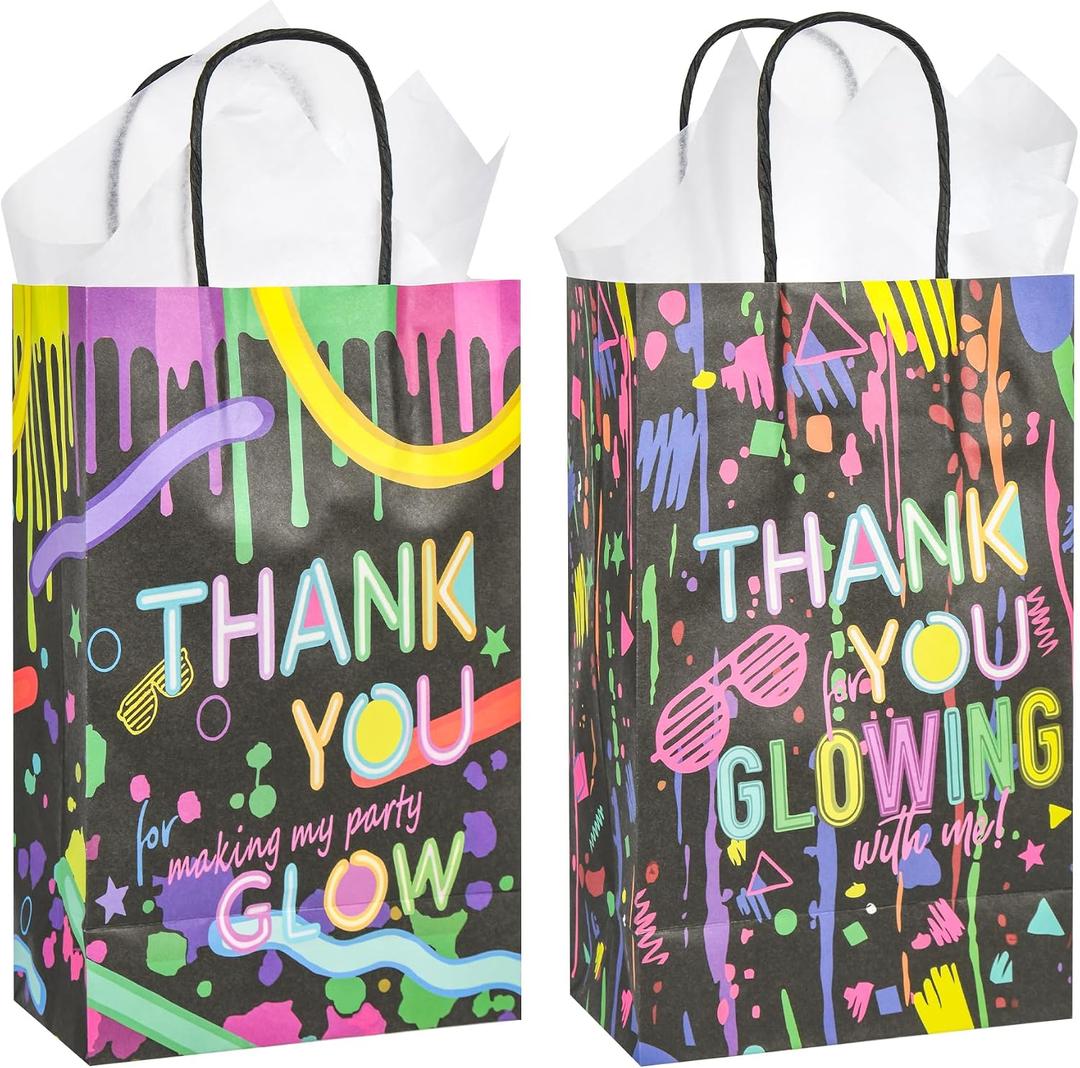 DjinnGlory 36 Pack Small-Size Glow Party Gift Bags with Handles and 36 White Tissue Paper for Themed Glow Party Supplies, 9x5.5x3.15 Inch