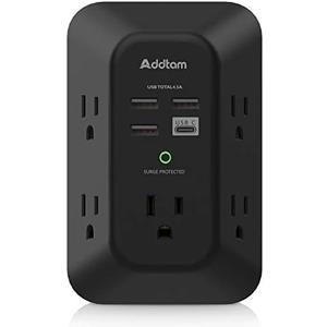 USB Wall Charger Surge Protector - Addtam 5 Outlet Extender with 4 USB Charging Ports (1 USB C), 3-Sided 1800J Power Strip Multi Plug Outlets Adapter Widely Spaced,Black