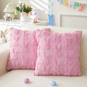 Easter Throw Pillow Covers 18x18 inch Set of 2 for Easter Decorations Pink Bunny Rabbit Soft Plush Faux Fur Wool Pillow Covers for Sofa Living Room Couch Bed