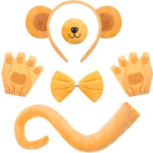 5 Pcs Monkey Costume Set for Adult Women Men, Ear Tail Headband Nose Glove Paw Bow Animal Halloween Accessories (Light Brown)