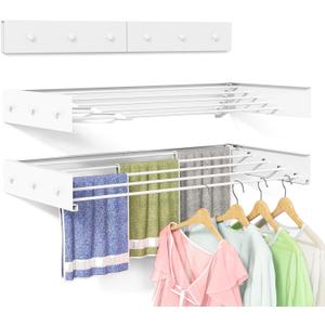 Clothes Drying Rack Wall Mounted for Laundry, Drying Rack Clothing Wall Mounted, 5 Aluminum Rods with 6 Hooks, Space-Saving Collapsible Wall Drying Rack for Indoor Outdoor (White, 40'')