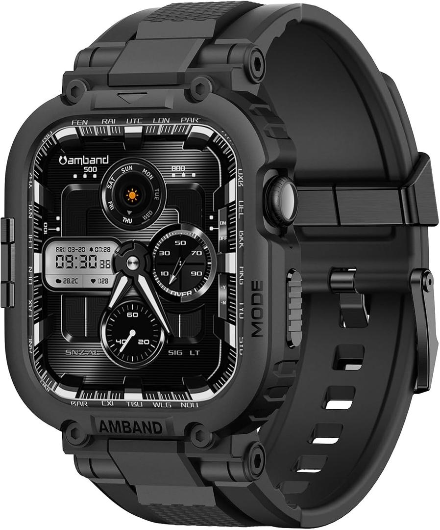 amBand Bands Case Compatible with Apple Watch Series 11/ 10 46mm for Men, M1 Sport Rugged Heavy Duty Cover Tactical Strap Military Grade Protective Bumper Protector for iWatch 44 mm Men Black