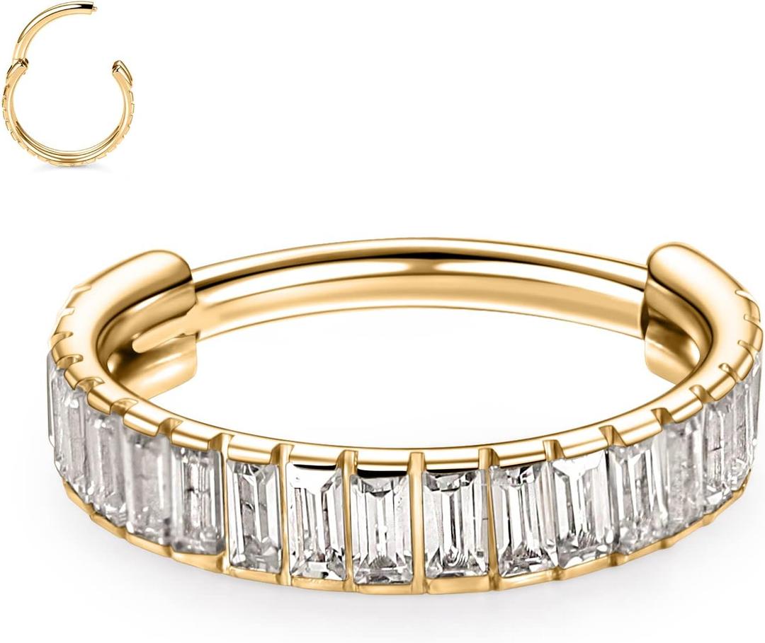 FUNLMO 316L Surgical Steel Hinged Segment Ring Conch Helix Septum Piercing Jewelry Nose Ring Hoop Cartilage Huggie Earring Small Hoop Earring Rectangle Cube Zircon Paved (Gold)