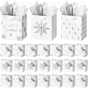 Aliceset 24 Pack Mini Sliver Foil Christmas Gift Bags with Handles Extra Small Luxury Christmas Gift Bags with Tag Tissue Paper Silver Assorted Styles 4.5x4x2.75'' for Holiday Presents Giving Retail