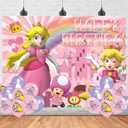 Peach of Princess Birthday Party Backdrop, Daisy and Rosalina Decoration, Themed Happy Banner Shoot Photo Backgrounds Props for Boys Girls 5x3ft