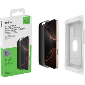 Belkin ScreenForce InvisiGlass Privacy Screen Protector for iPhone 16 Pro, Scratch-Resistant Impact Protection w/Included Easy Align Tray for Bubble Free Application - Made with Recycled Glass