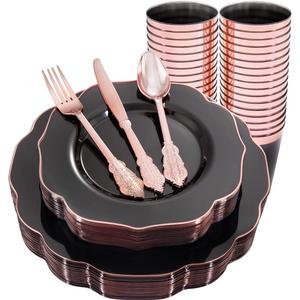 BUCLA 30 Guest Clear Black Plastic Plates With Rose Gold Silverware & Disposable Cups - Rose Gold Rim Plastic Dinnerware Ideal for Party & New Year