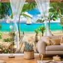 Jdayda Tropical Beach Seascape Wallpaper Mural Blue Seawater Palm Tree Wall Mural for Bedroom Livingroom(Not Self-Adhesive),127" x 96"