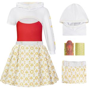 Girls Zombies Nova Costume Kids Halloween Cosplay Top Pant Dress Hooded Coat 3PCS Outfit Include Bracelet (7-8 Years, Red and White Style1)