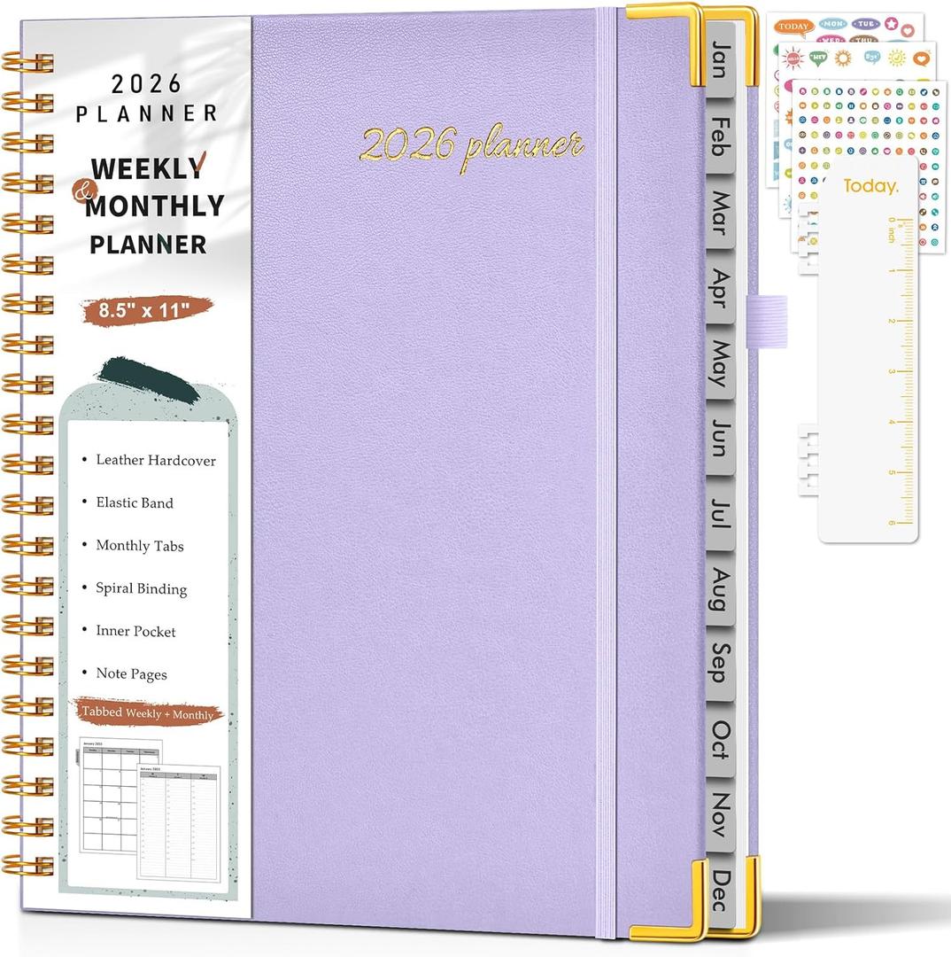 2 x 2026 Planner, Weekly and Monthly Calendar Planner from January 2026 - December 2026, 8.5" x 11" Hardcover Leather Hourly Appointment Book with Tabs, Spiral Daily Planners for College School Work Home, Purple (A4)