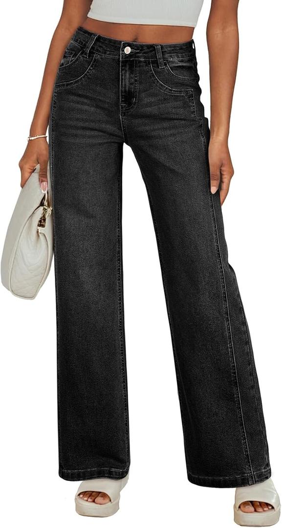 Sidefeel Women's Wide Leg Jeans High Waisted Stretchy Jeans Straight Leg Trendy Patchwork Loose Fit Denim Pants (4, Black)