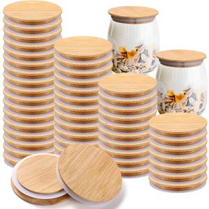 Roowest 40 Pcs Yogurt Jar Lids Bulk Compatible with Oui Yogurt Jars, Natural Bamboo Wooden Lids Round Reusable Canning Covers with Silicone Sealing Rings for Cookie Coffee Kitchen Food Airtight Store