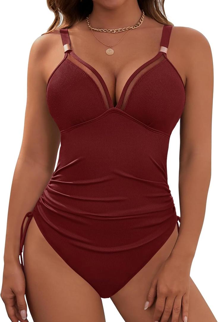 Womens Tummy Control One Piece Swimsuit Ribbed Slimming Mesh Modest Bathing Suit Metal Tie Knot Swim Suits (Medium, Burgundy)