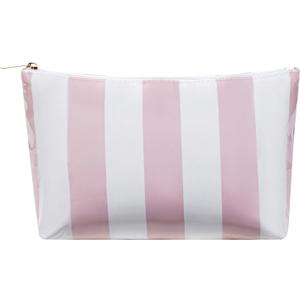 Large PVC Waterproof Striped Makeup Bag,Clear Coated Cosmetic Bags,Easy to Clean,Travel Organizer Zipper Pouch Beach Vacation Essentials for Women Girls(01Pink)