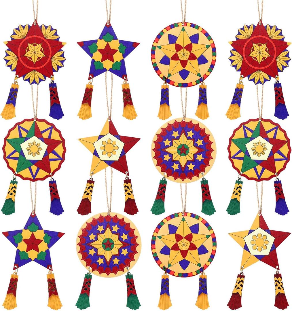12 Pcs Philippine Christmas Tree Parol Ornaments Wooden Parol Lantern Filipino Christmas Decorations Philippine Gift Traditional Capiz Star Decor for Home Holiday Xmas Tree