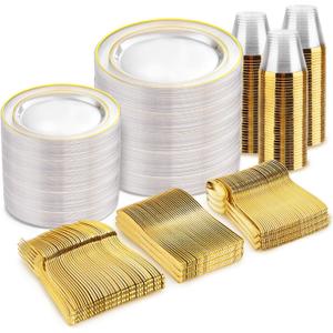 bUCLA 600PCS Clear Gold Plastic Dinnerware Set Disposable - Clear Plates with Gold Trim Include 100 Dinner/100 Dessert Plates, 100 Knives, 100 Forks, 100 Spoons, 100 Cups for Wedding&Party