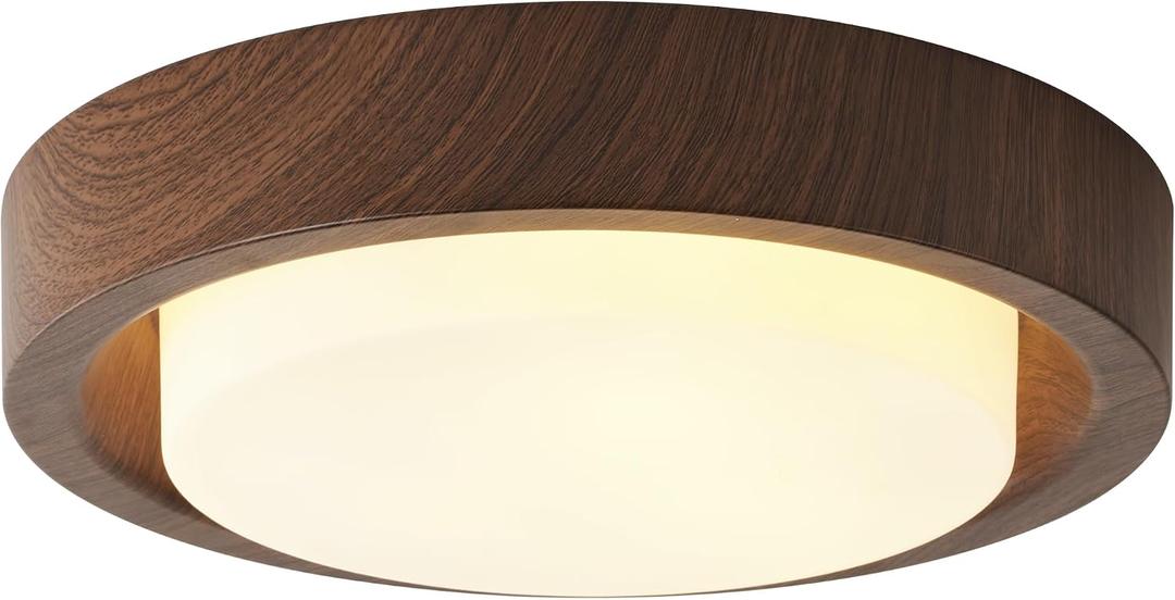 Walnut Wood Flush Mount Ceiling Light Fixture,16 Inch Ceiling Light with Frosted Glass Shade,High Deep Profile Round Ceiling Lights for Hallway Bedroom Closet Livingroom