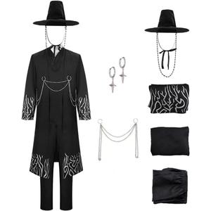 Adult Jinu Costume Mens Halloween Cosplay Black Uniform Hanfu Suit Coat Shirt Pant Belt Hat Set