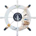 Boat Steering Wheel Decor - 11 Inch Wooden Rudder Wall Decoration Steering Wheel Beach Ornaments with Fishing Net Shell Seagull Patterns,Beach Theme Home Decor
