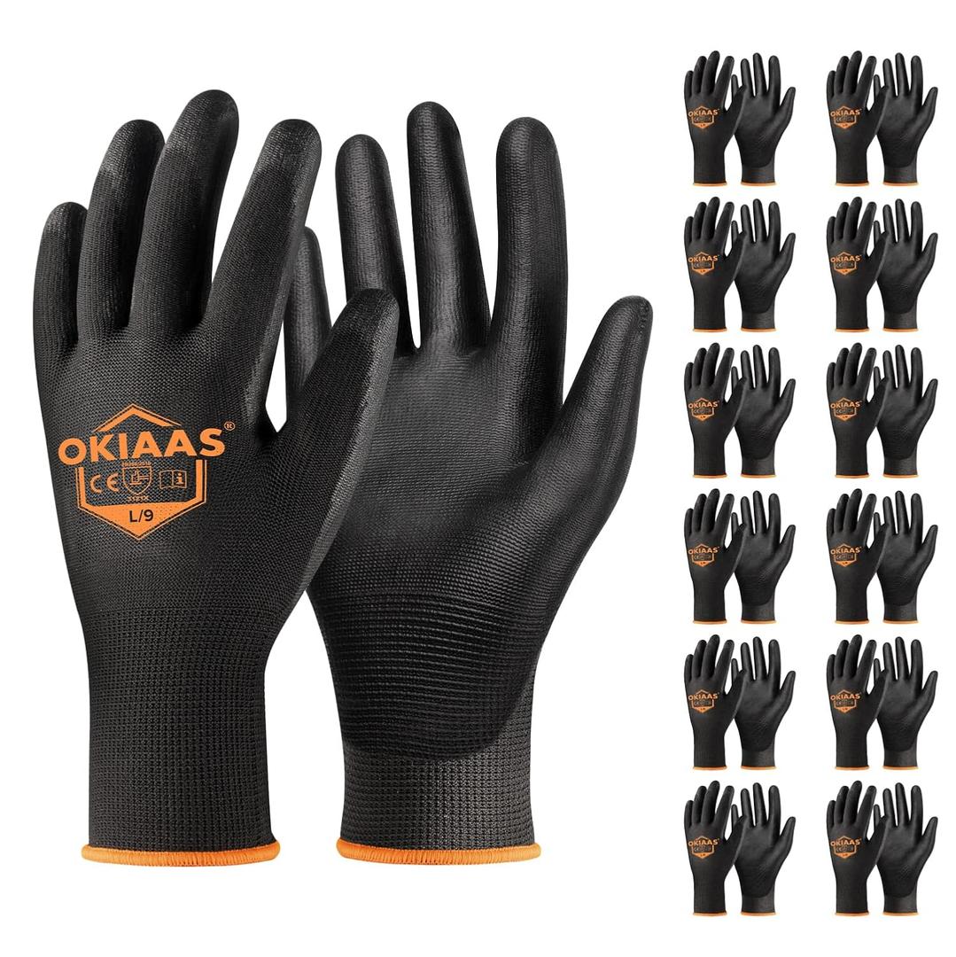 OKIAAS Work Gloves for MenUltra Thin and Lightweight Working Gloves with Grip, 12 Pairs Bulk Pack Construction Gloves with Polyurethane Coating, Safety Gloves for Light Duty Work (Black, Large)