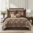 Stratford Park 7 Piece Brown Gold Comforter Set, King Size Jacquard Floral Bedding Set, All Season, Ultra-Soft, Matching Pillows & Shams, Bed Skirt