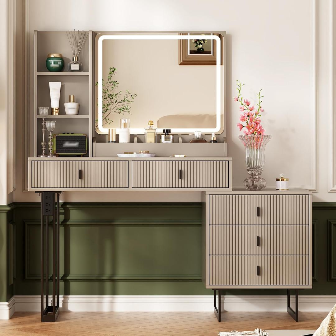 Ieejdn Large Vanity Desk with 3 Color Touch Screen Dimming Mirror, Vanity Desk with Charging Station, Modern Retractable Makeup Dressing Table, Makeup Table with Storage Shelves and 5 Sliding Drawers (Grey)