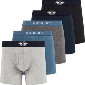 DOCKERS Mens Boxer Briefs Breathable Cotton Underwear for Men Pack of 5 (Medium, Dockers Navy | Oceanview | Heather Navy | B25 Heather Grey | B10 Heather Grey)