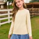 Haloumoning Girls Long Sleeve Tees Kids Casual Crewneck Pleated T Shirts Cute Fall Tops 5-14 Years Beige