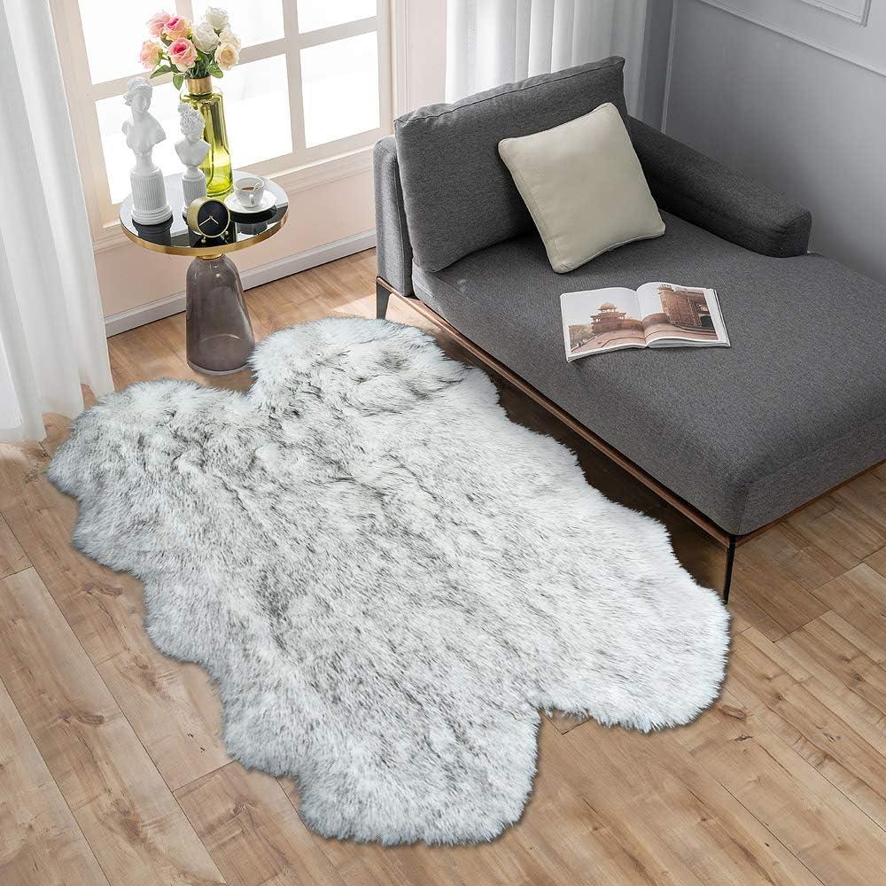 Carvapet 3x5 Faux Sheepskin Area Rug  Soft Fluffy White with Black Tips 3 x 5 Plush Fur Carpet, Shaggy Floor Mat for Bedroom, Living Room, Sofa or Bedside Decor