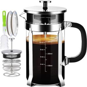 French Press Coffee Maker 304 Stainless Steel Coffee Press,with 4 Filters System, Heat Resistant Thickness Borosilicate French Press Glass, BPA-Free Brewed Tea Pot Coffee Plunger(Copper 12oz) (Silvery)