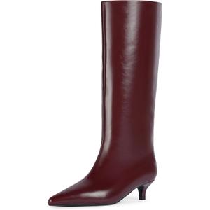 Knee High Boots Women Slip on Low Kitten Heel Tall Boots Pointed Toe Long Fall Boots for Women (6, Burgundy)
