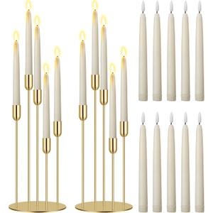 Baquler 2 Set 5 Arms Gold Candelabra Metal Candlestick Holders for Wedding with 10 Pcs Flameless LED Taper Candles for Christmas Ceremony Wedding Birthday Party Table Centerpiece Home Decoration
