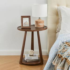 Uniclinens Round End Table, Solid Wood Round Side Coffee Table, Small Bedside Nightstand for Living Room Bedroom, Walnut