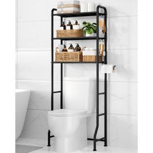Over Toilet Storage Rack - Metal Over Toilet Bathroom Organizer Shelf, Over The Toilet Storage Cabinet with Paper Holder and Hooks, Bathroom Cabinet for Laundry, Black, 3 Tiers (63.2" H)