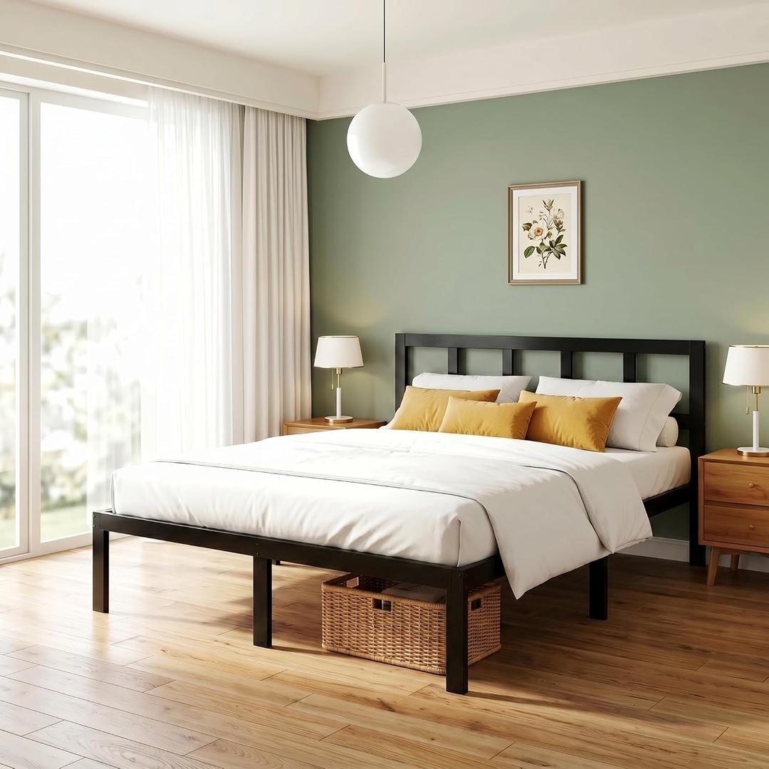 14 in Queen Size Bamboo Platform Bed Frame with Tall Headboard, Black