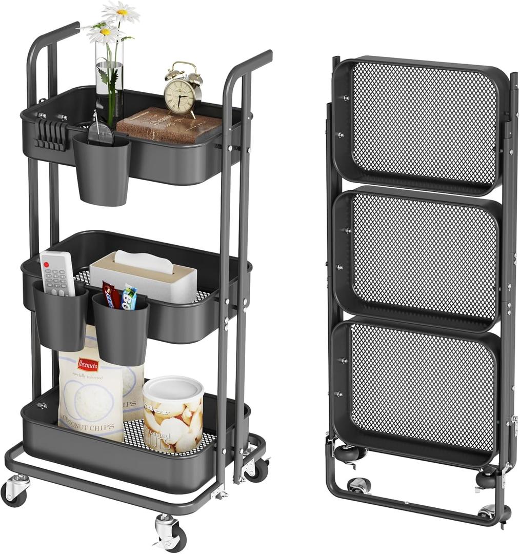 DTK 3 Tier Foldable Rolling Cart, Metal Utility Cart with Lockable Wheels, Folding Storage Trolley, 3 Small Baskets and 6 Hooks for Living Room, Kitchen, Bathroom, Bedroom and Office, Black