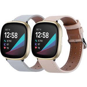 2 Pack Leather Bands Compatible with Fitbit Versa 3 / Fitbit Sense, Classic Soft Leather Replacement Wristbands for Women & Men (Apricot & Grey)