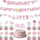 Spa Birthday Party Decorations, 28 Pcs Spa Banner, 1 Cake Toppers & 24 Cupcake Picks for Girls' Pampering Theme Celebration, Sleepover Party Supplies
