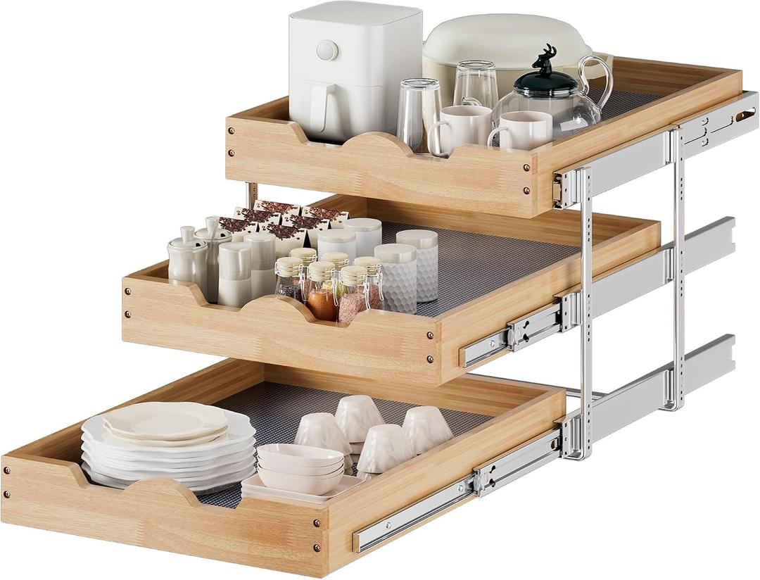 DINDON 3 Tier Pull Out Cabinet Organizer 20W X21D Slide Out Shelves With Shelf Liner for Kitchen Wood Roll Out Drawers Pantry Organization