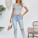 SANDERY Womens Fashion Clothes One Piece Cutout Tops Short Sleeve Ribbed Knit Slim Fitted Shirts Tee Tshirts (Gray, M)