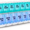 Sukuos AM PM Weekly Pill Organizer 2 Times A Day, Large Daily Pill Box Case 7 Day with Easy Push Button Design, Detachable Medicine Holder for Vitamin/Fish Oil/Supplements, Cyan & Blue