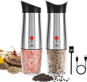 Electric Salt and Pepper Grinder Set:  for Gravity Automatic Sea Salt Grinder Set Spice Pepper Shakers with Adjustable Coarseness USB Rechargeable Battery Power Peppercorn Mill