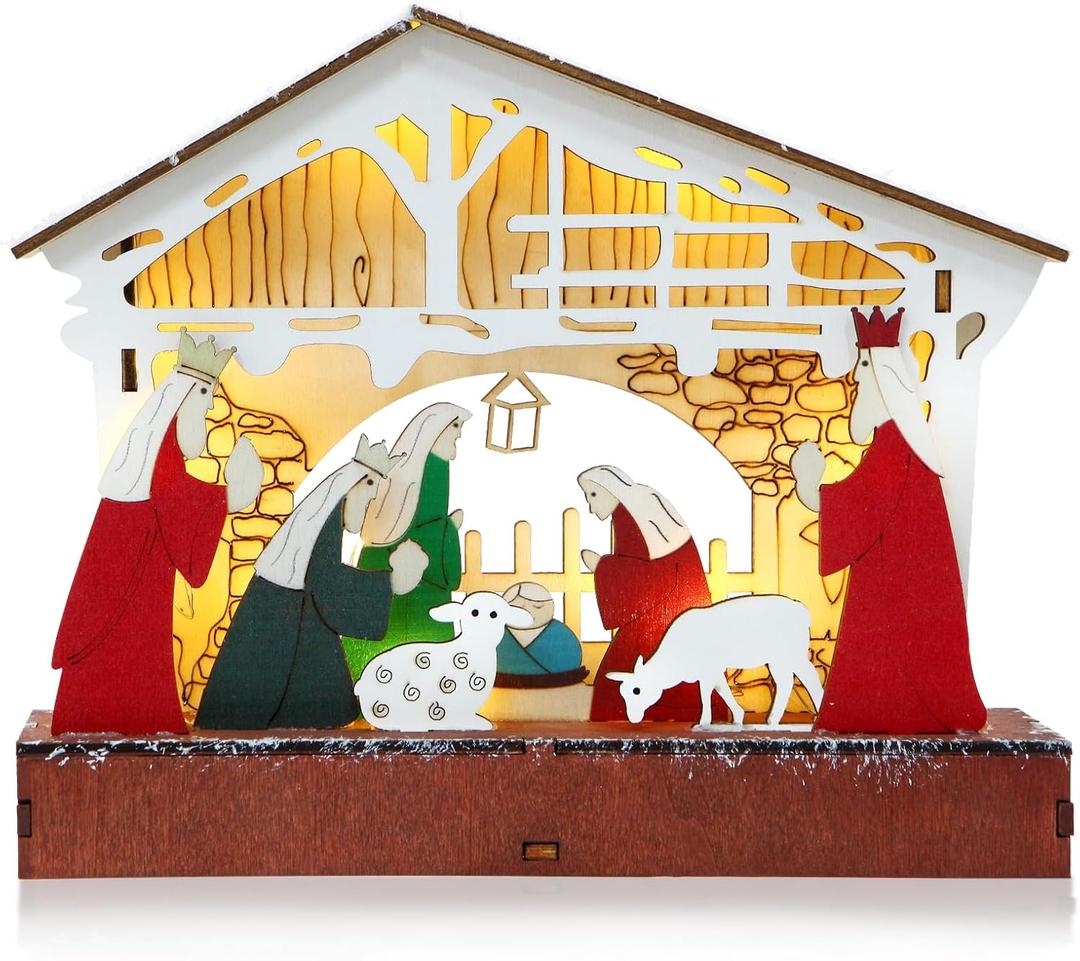Nativity Sets for Christmas Indoor Xmas Decorations Nativity Scene Table Lights, Battery Operated Wooden Christmas Tabletop Decoration for Home, Christmas Decor for Desk Fireplace Party Decoration