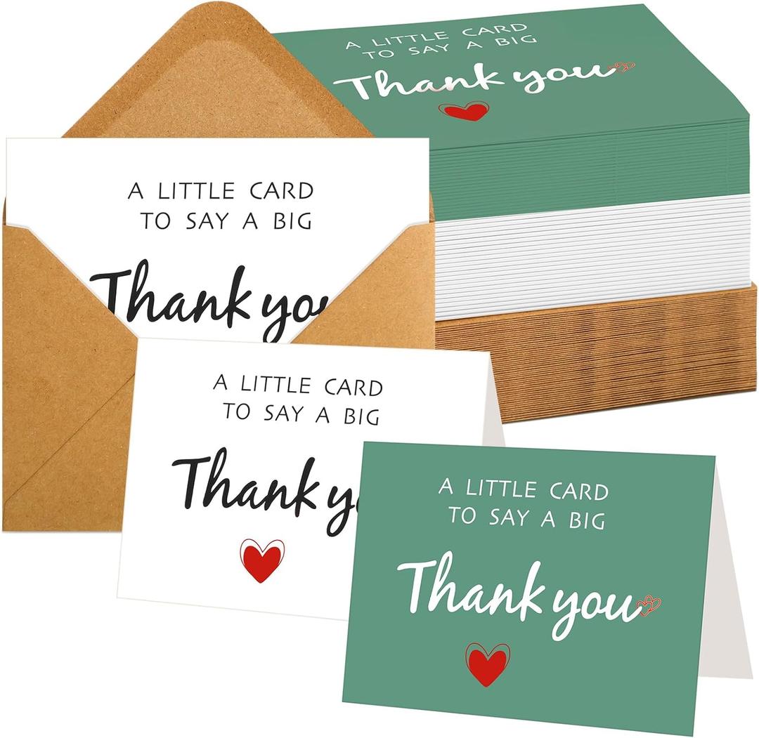 Gueevin 100 Pack Green and White Thank You Cards with Envelopes and Stickers Bulk 3.5 x 5 Inch Funny Blank Thank You Notes Cards for Wedding, Baby Shower, Business, Teacher, Graduation, Bridal Gifts