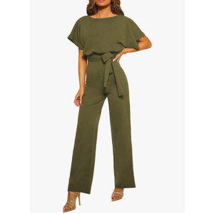 Happy Sailed Womens Loose Short Sleeve Belted Wide Leg Pant Romper Jumpsuit Business Casual One Piece Outfits XL
