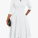 Nmoder Midi Dresses for Women A-Line Fit and Flare Dress 3/4 Sleeve V Neck Cocktail Wedding Guest Work Dress with Pockets XL